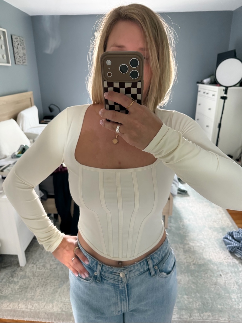 Abercrombie Women’s Square-Neck Long Sleeve Corset Top in Cream